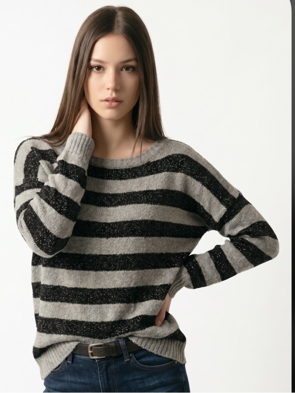 JOIE Sweater Pullover Striped Sparkle Metallic Cotton Black Gray